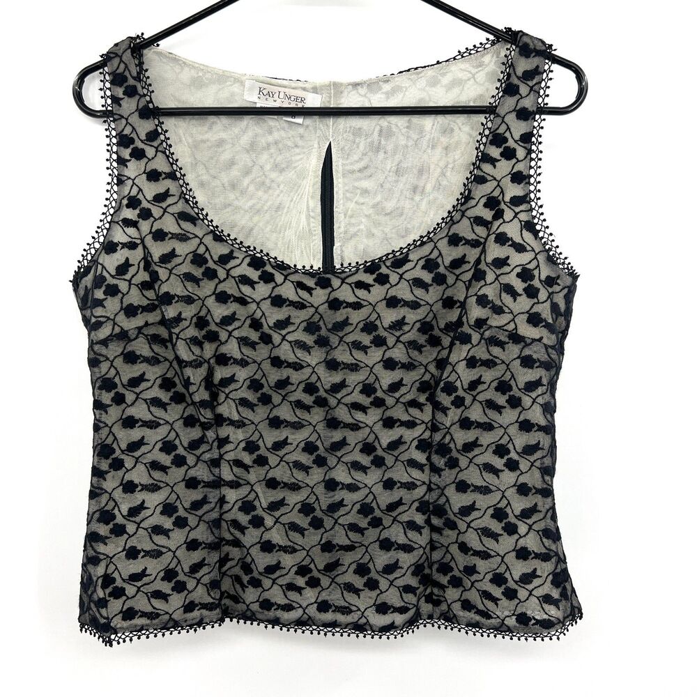 Kay Unger New York Black Floral Embroidered Mesh Lace Sleeveless Shell Top SZ 8